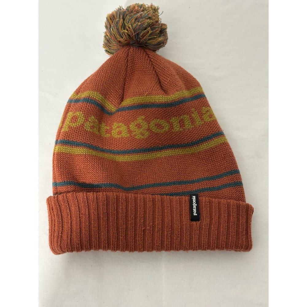Patagonia Powder Town Beanie Orange Striped Pom Logo Knit Hat One Size ALL